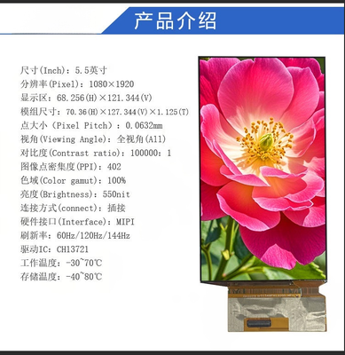 5.5Inch AMOLED Display Module with 550nit Brightness ,1080RGB x 1920  and MIPI Interface,Driving IC CH13721,TP IC FT3519