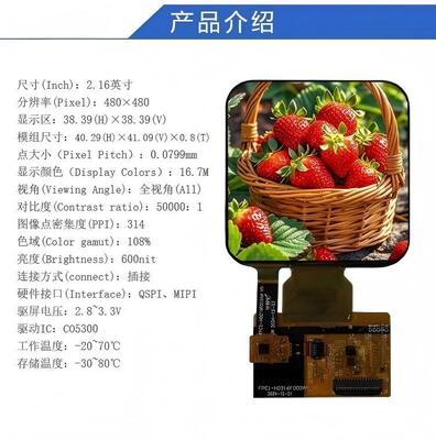 2.16 Inch AMOLED Display Module with 480x480 Resolution and 600nit Brightness