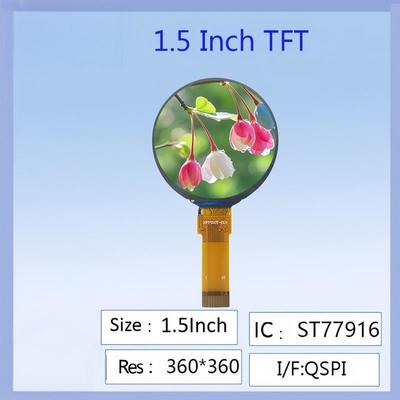 1.5 بوصة لون مستدير TFT شاشة LCD 360x360 دقة ST77916 سائق IC عالية الوضوح زاوية عرض واسعة للأجهزة الذكية القابلة للارتداء / مشاريع DIY الإلكترونية / لوحات الأجهزة الصناعية